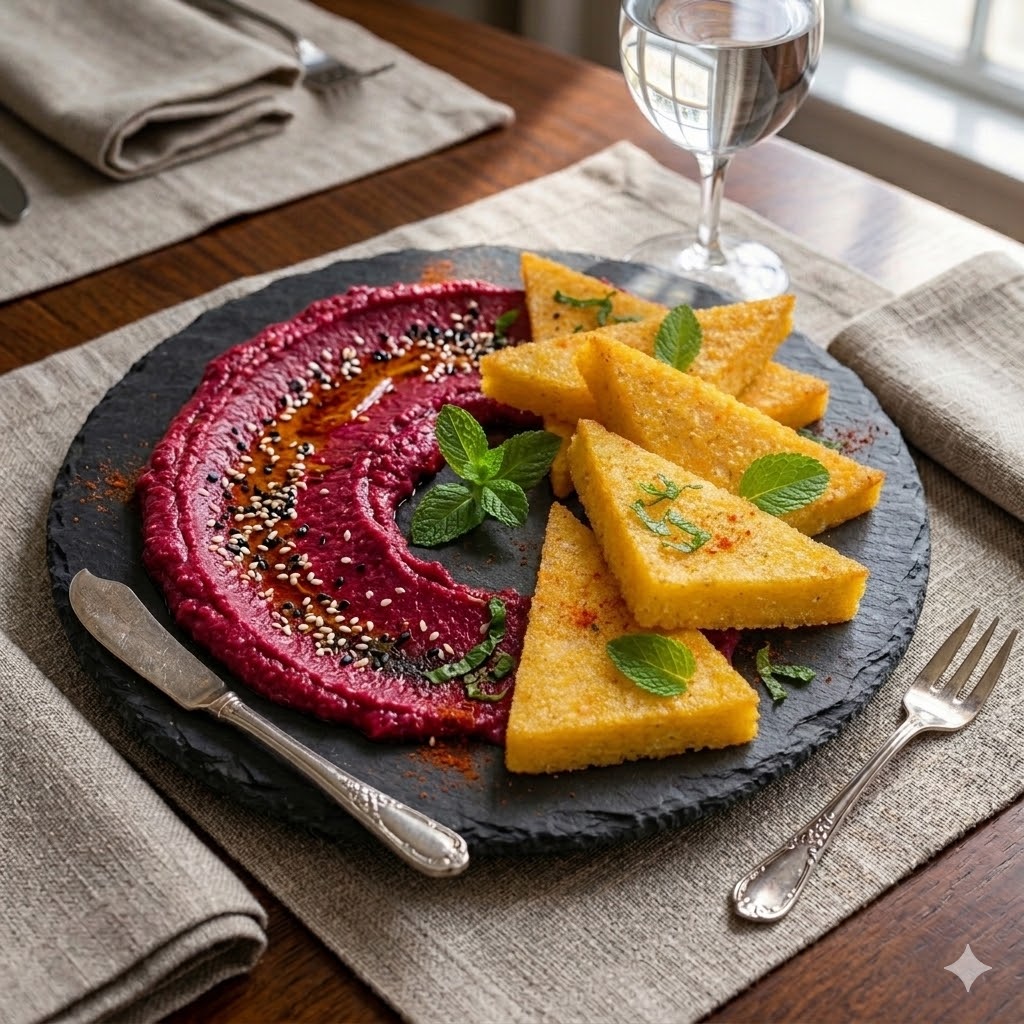 Polenta fritta con hummus di ceci e rapa rossa
