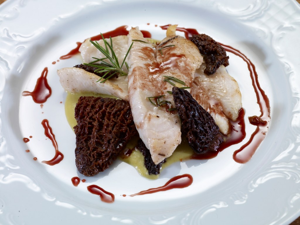 Filetto di San Pietro su crema di piselli con spugnole e salsa al vino rosso